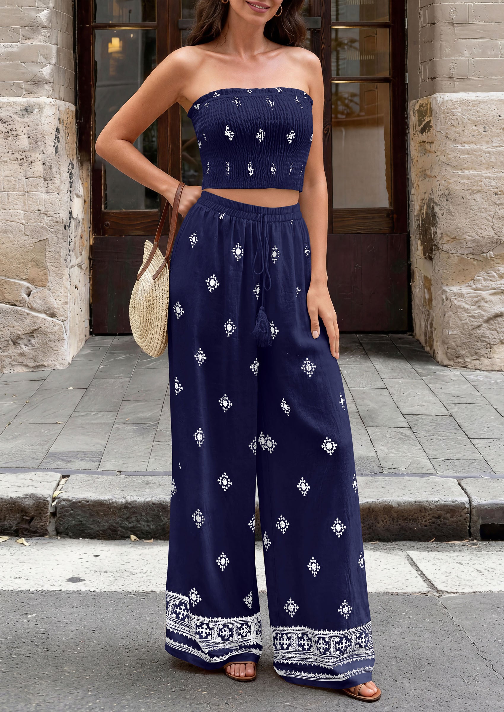 PRETTYGARDEN 2 Piece Sets for women Summer 2026 Travel Outfits Print Tube Tops Wide Leg Pants Beach Vacation Clothes