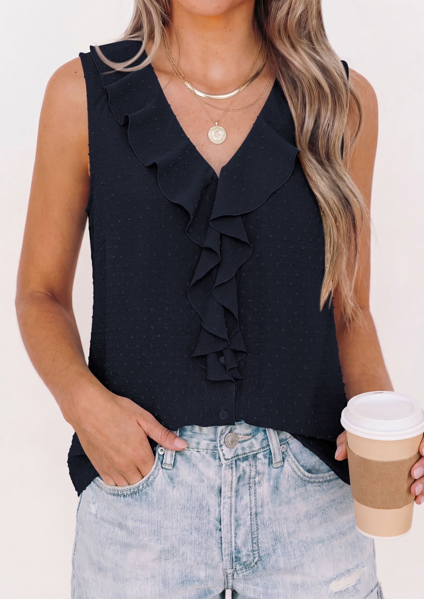 PRETTYGARDEN Womens Tank Tops 2026 Summer Dressy Casual Blouses Sleeveless Ruffle V Neck Swiss Dot Button Down Work Shirts PRETTYGARDEN