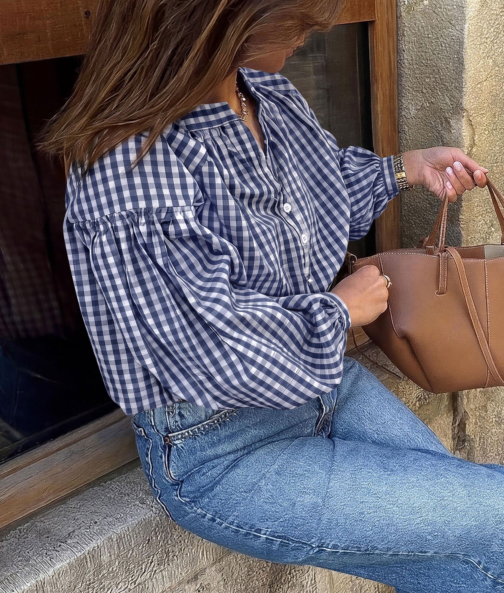 PRETTYGARDEN Women Fall Plaid Long Puff Sleeve Shirts V Neck Casual Blouses  Gingham Button Down Oversized, Pleated Drop Shoulder Cotton Tops, Dressy Casual, Work Vacation Travel, Fall Outfits Trendy