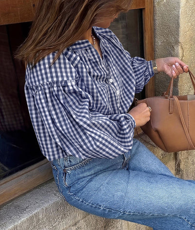 PRETTYGARDEN Women Fall Plaid Long Puff Sleeve Shirts V Neck Casual Blouses  Gingham Button Down Oversized, Pleated Drop Shoulder Cotton Tops, Dressy Casual, Work Vacation Travel, Fall Outfits Trendy