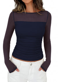 PRETTYGARDEN Women's 2026 Fall Long Sleeve T Shirts Sheer Mesh Boat Neck Ruched Fitted Going Out Summer Tops Fashion Clothing