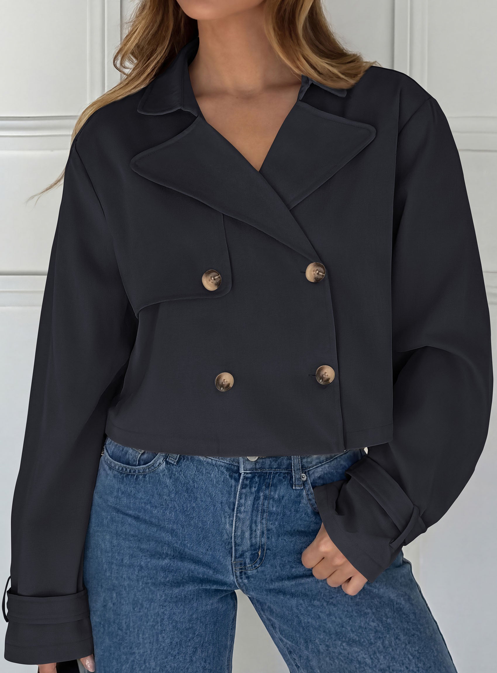 PRETTYGARDEN Cropped Trench Coat For Women Short Jacket  Soft Lightweight Coats, Lapel Double Breasted, Long Sleeve Loose Fit, Casual Work Office Jackets, Fall Winter Outwear
