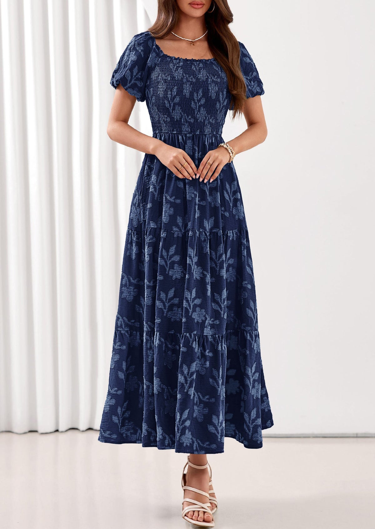 PRETTYGARDEN Women's 2026 Summer Boho Maxi Dresses Floral Short Sleeve Square Neck Smocked Flowy Long Dress Vacation Outfits PRETTYGARDEN
