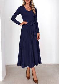 PRETTYGARDEN Womens Fall Maxi Long Sleeve Sweater Dress  Soft Stretchy Knit, V Neck A Line Dresses with Bow, Flowy Pleated Hem, Cocktail Party Outfits, Trendy Winter Clothes