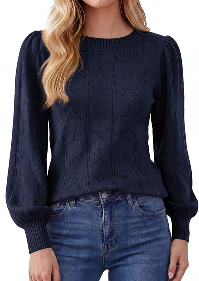 PRETTYGARDEN Women Fall Fashion Hollow Out Holiday Sweaters | Stretchy Cozy Knit, Puff Long Sleeve Pullover Tops, Crewneck Loose Fit, Dressy Casual Blouse, Trendy Winter Going Out Outfits