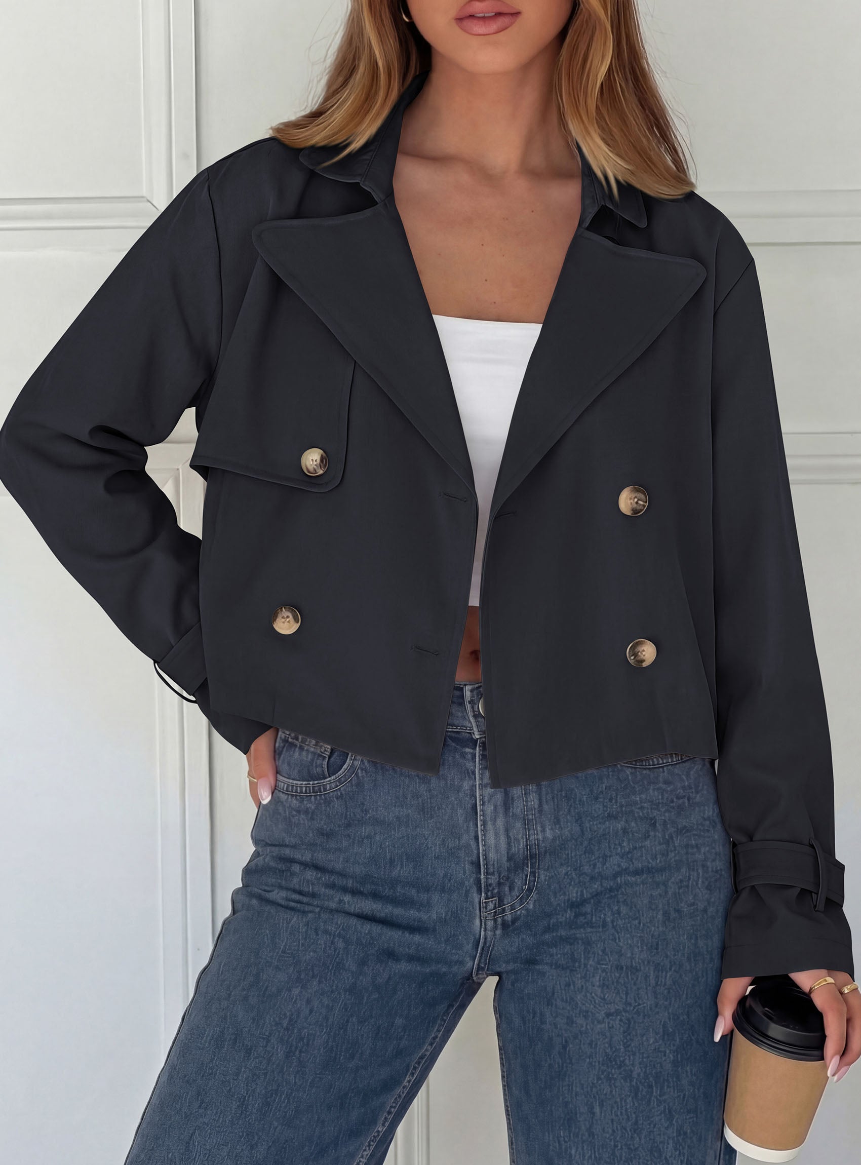 PRETTYGARDEN Cropped Trench Coat For Women Short Jacket  Soft Lightweight Coats, Lapel Double Breasted, Long Sleeve Loose Fit, Casual Work Office Jackets, Fall Winter Outwear