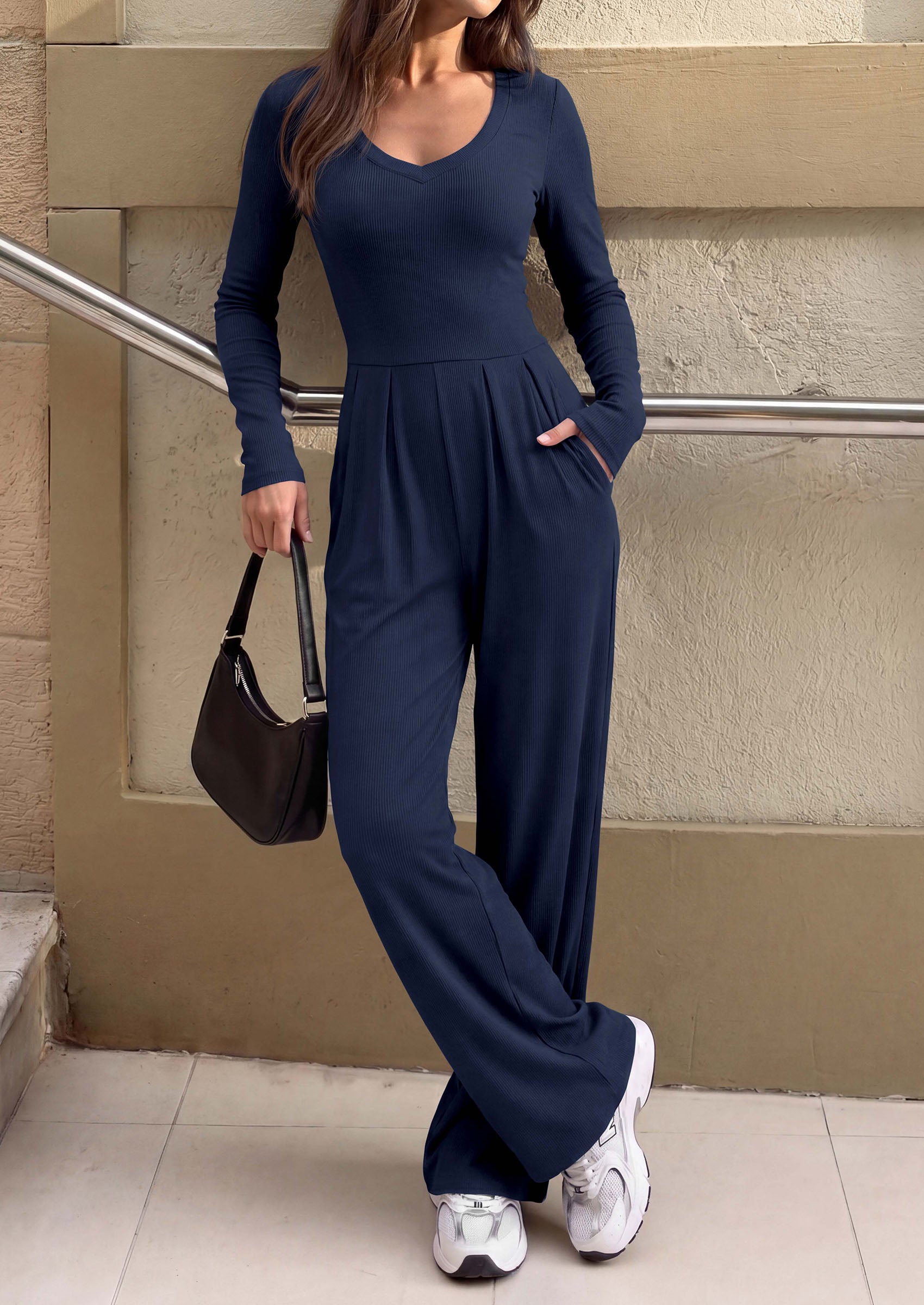 PRETTYGARDEN Womens Fall One Piece Long Sleeve Jumpsuit | Stretchy Ribbed Knit, Fashion Deep V Neck, Wide Leg Romper with Pockets, Work Business Casual Outfits, Trendy Winter Clothes
