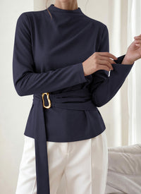 PRETTYGARDEN Women Blouses Fall Dressy Mock Neck Long Sleeve Work Shirts Buckle Belted Tunic Business Casual Tops