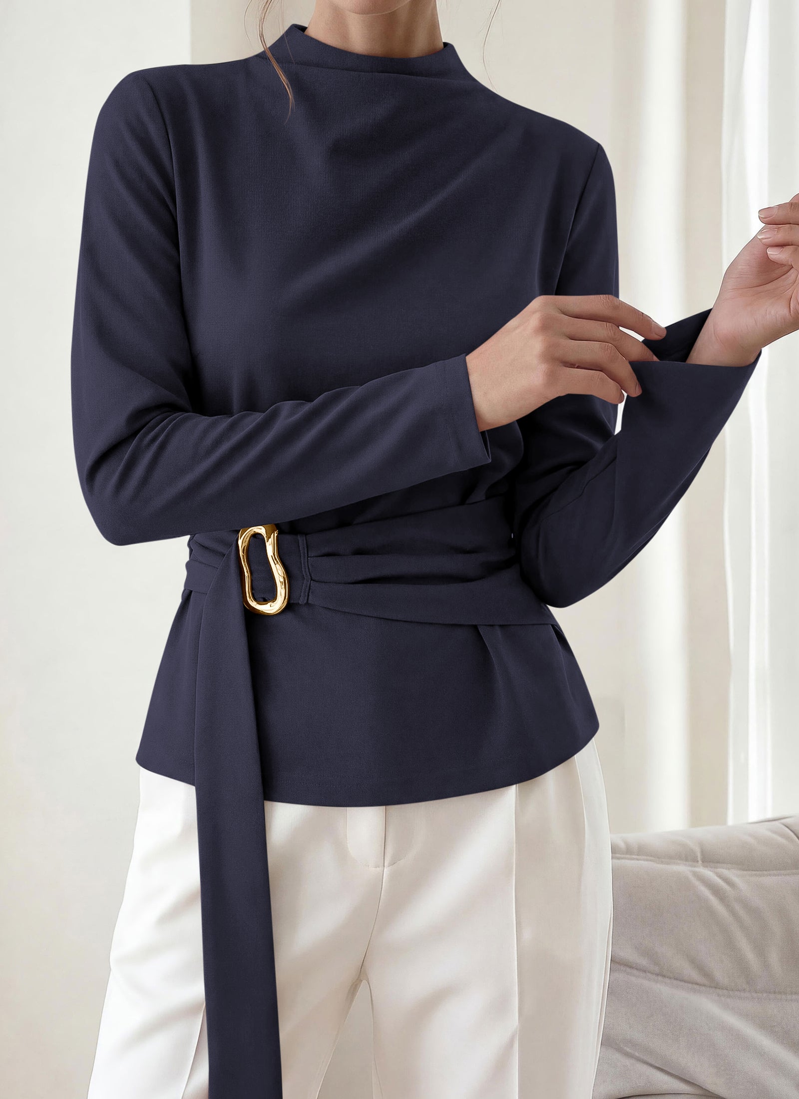 PRETTYGARDEN Women Blouses Fall Dressy Mock Neck Long Sleeve Work Shirts Buckle Belted Tunic Business Casual Tops