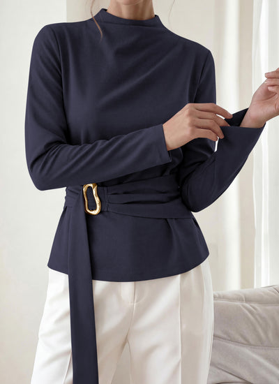 PRETTYGARDEN Women Blouses Fall Dressy Mock Neck Long Sleeve Work Shirts Buckle Belted Tunic Business Casual Tops