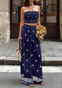 PRETTYGARDEN 2 Piece Sets for women Summer 2026 Travel Outfits Print Tube Tops Wide Leg Pants Beach Vacation Clothes