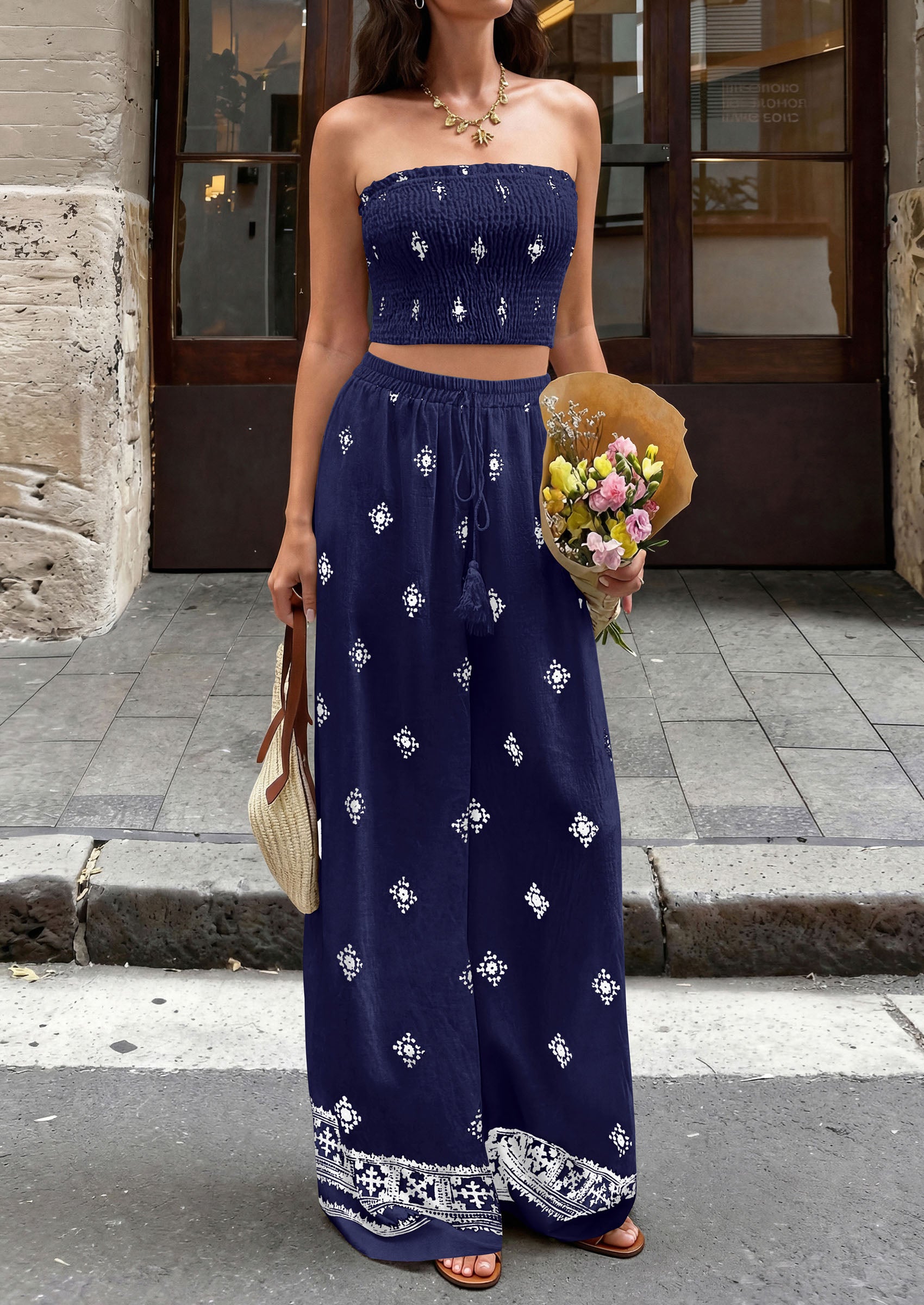 PRETTYGARDEN 2 Piece Sets for women Summer 2026 Travel Outfits Print Tube Tops Wide Leg Pants Beach Vacation Clothes