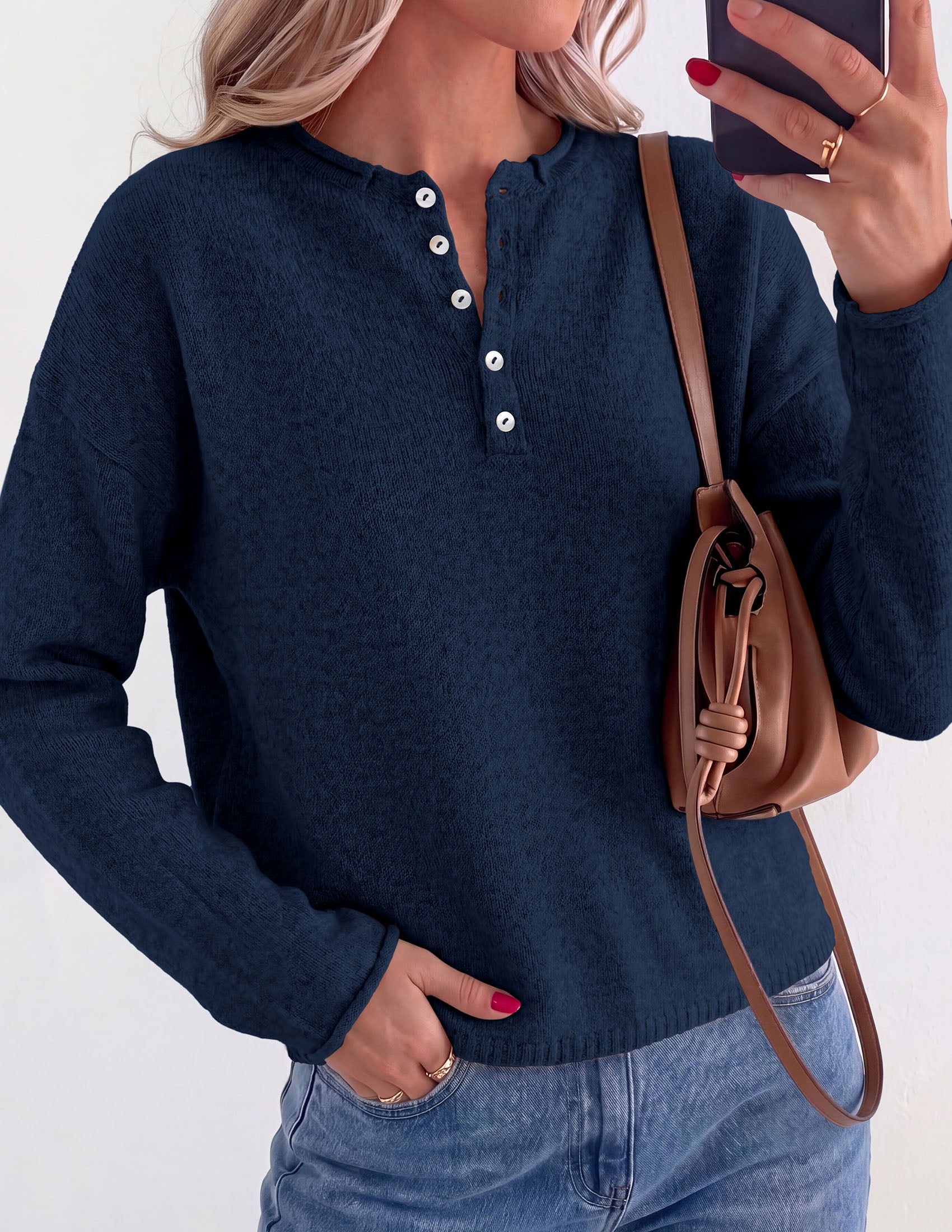 PRETTYGARDEN Women's Fall Button Up Cozy Pullover Sweaters | Stretchy Soft Knit, Drop Shoulder Long Sleeve Tops, Henley Crewneck Rolled Edge, Dressy Casual Blouses, Trendy Winter Clothes