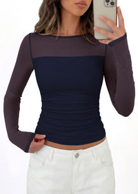 PRETTYGARDEN Women's 2026 Fall Long Sleeve T Shirts Sheer Mesh Boat Neck Ruched Fitted Going Out Summer Tops Fashion Clothing