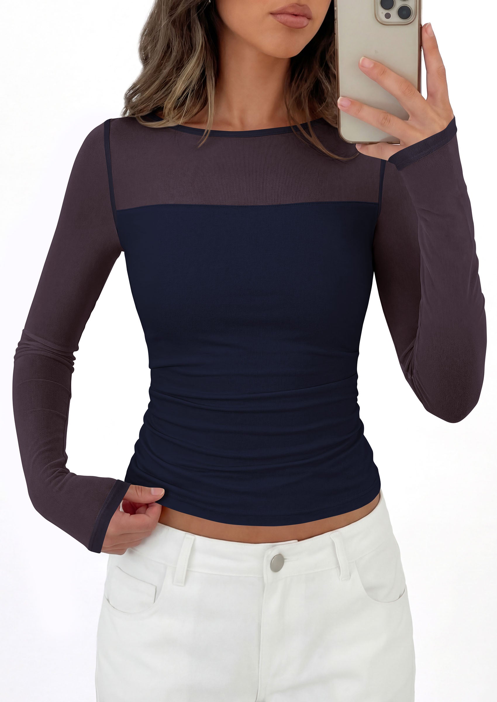 PRETTYGARDEN Women's 2026 Fall Long Sleeve T Shirts Sheer Mesh Boat Neck Ruched Fitted Going Out Summer Tops Fashion Clothing
