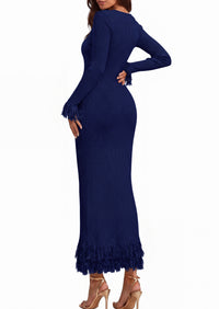 PRETTYGARDEN Womens Long Sleeve Bodycon Sweater Dress  Stretchy Ribbed Knit,Fringe Trim Cuffs & Hem,Slim Fit Crewneck,Date Night Outfits,Fall Winter Wedding Guest Cocktail Dresses