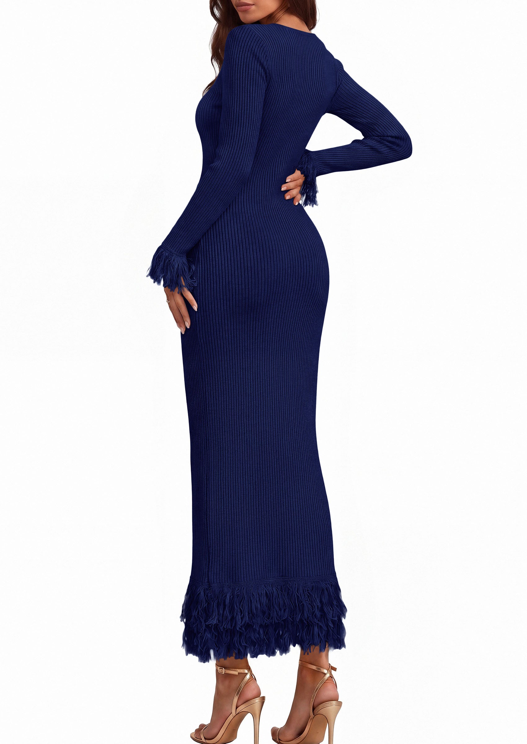 PRETTYGARDEN Womens Long Sleeve Bodycon Sweater Dress  Stretchy Ribbed Knit,Fringe Trim Cuffs & Hem,Slim Fit Crewneck,Date Night Outfits,Fall Winter Wedding Guest Cocktail Dresses
