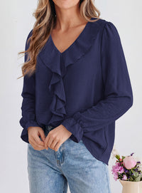 PRETTYGARDEN Women Early Fall Fashion Dressy Casual Blouses  | Comfy Lightweight,Lantern Long Sleeve Shirts,Cute Ruffle V Neck,Going Out Tops,Business Work Outfits,Trendy Daily Clothes