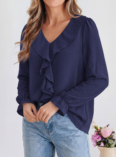 PRETTYGARDEN Women Early Fall Fashion Dressy Casual Blouses  | Comfy Lightweight,Lantern Long Sleeve Shirts,Cute Ruffle V Neck,Going Out Tops,Business Work Outfits,Trendy Daily Clothes