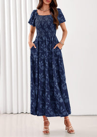 PRETTYGARDEN Women's 2026 Summer Boho Maxi Dresses Floral Short Sleeve Square Neck Smocked Flowy Long Dress Vacation Outfits PRETTYGARDEN