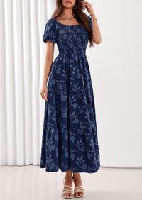 PRETTYGARDEN Women's 2026 Summer Boho Maxi Dresses Floral Short Sleeve Square Neck Smocked Flowy Long Dress Vacation Outfits PRETTYGARDEN