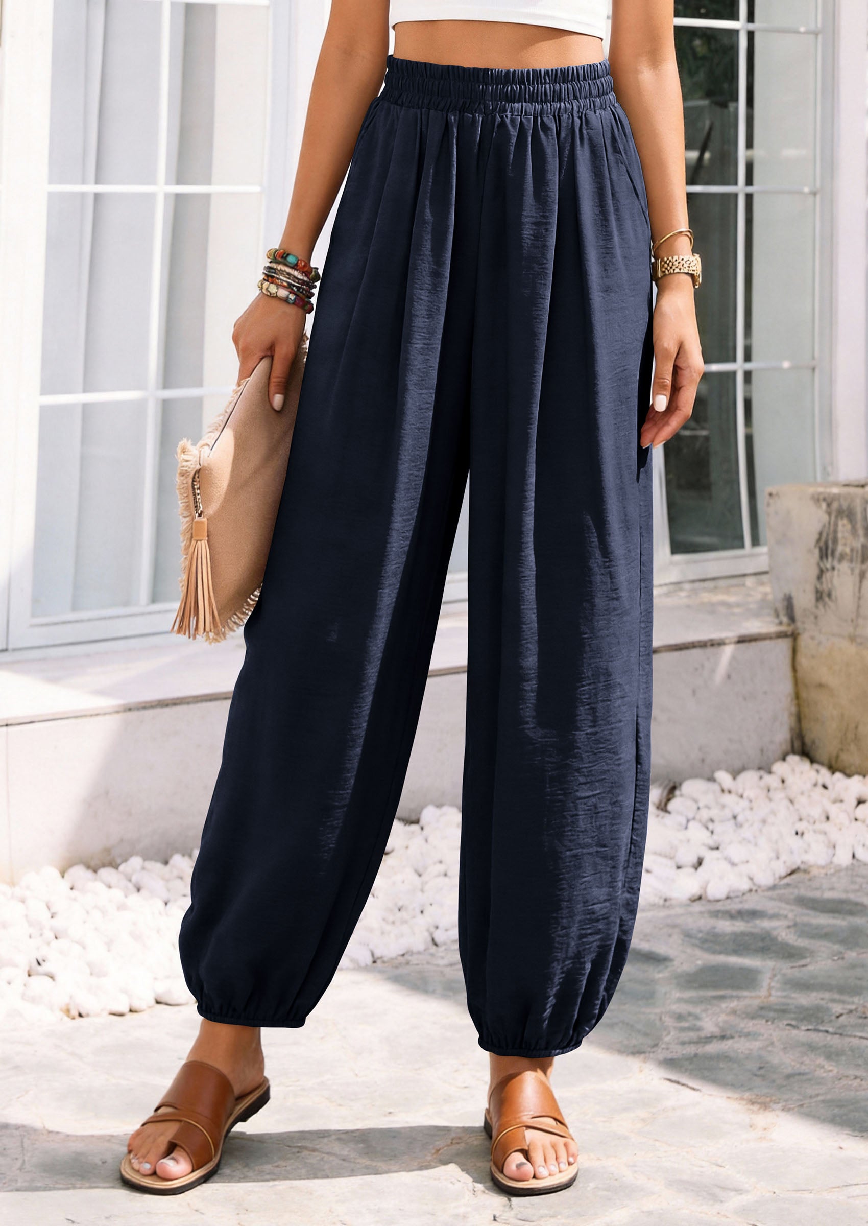 PRETTYGARDEN Womens 2026 Summer Casual Pants High Waisted Loose Wide Leg Palazzo Pockets Lounge Beach Travel Trousers Outfits