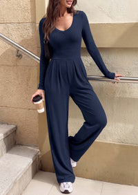 PRETTYGARDEN Womens Fall One Piece Long Sleeve Jumpsuit | Stretchy Ribbed Knit, Fashion Deep V Neck, Wide Leg Romper with Pockets, Work Business Casual Outfits, Trendy Winter Clothes
