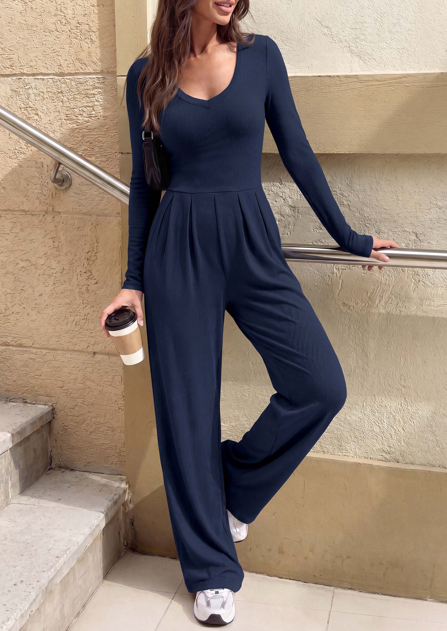 PRETTYGARDEN Womens Fall One Piece Long Sleeve Jumpsuit | Stretchy Ribbed Knit, Fashion Deep V Neck, Wide Leg Romper with Pockets, Work Business Casual Outfits, Trendy Winter Clothes