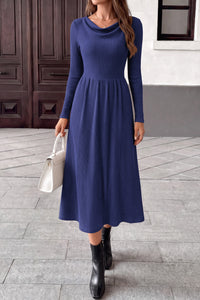 PRETTYGARDEN Women Casual Cowl Neck Long Sleeve Midi Dress