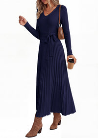 PRETTYGARDEN Womens Fall Maxi Long Sleeve Sweater Dress  Soft Stretchy Knit, V Neck A Line Dresses with Bow, Flowy Pleated Hem, Cocktail Party Outfits, Trendy Winter Clothes