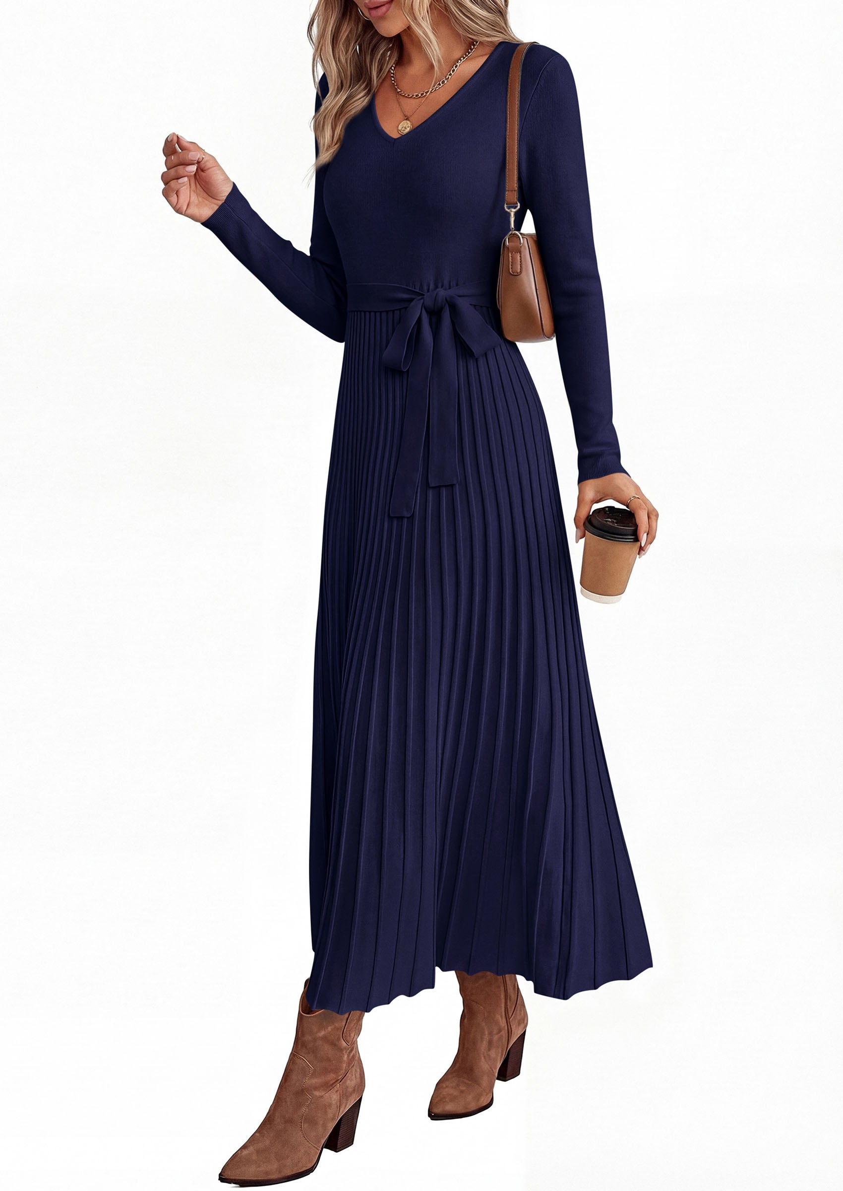 PRETTYGARDEN Womens Fall Maxi Long Sleeve Sweater Dress  Soft Stretchy Knit, V Neck A Line Dresses with Bow, Flowy Pleated Hem, Cocktail Party Outfits, Trendy Winter Clothes