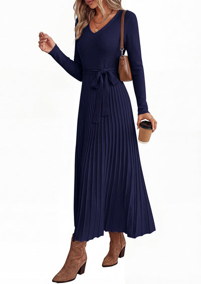 PRETTYGARDEN Womens Fall Maxi Long Sleeve Sweater Dress  Soft Stretchy Knit, V Neck A Line Dresses with Bow, Flowy Pleated Hem, Cocktail Party Outfits, Trendy Winter Clothes