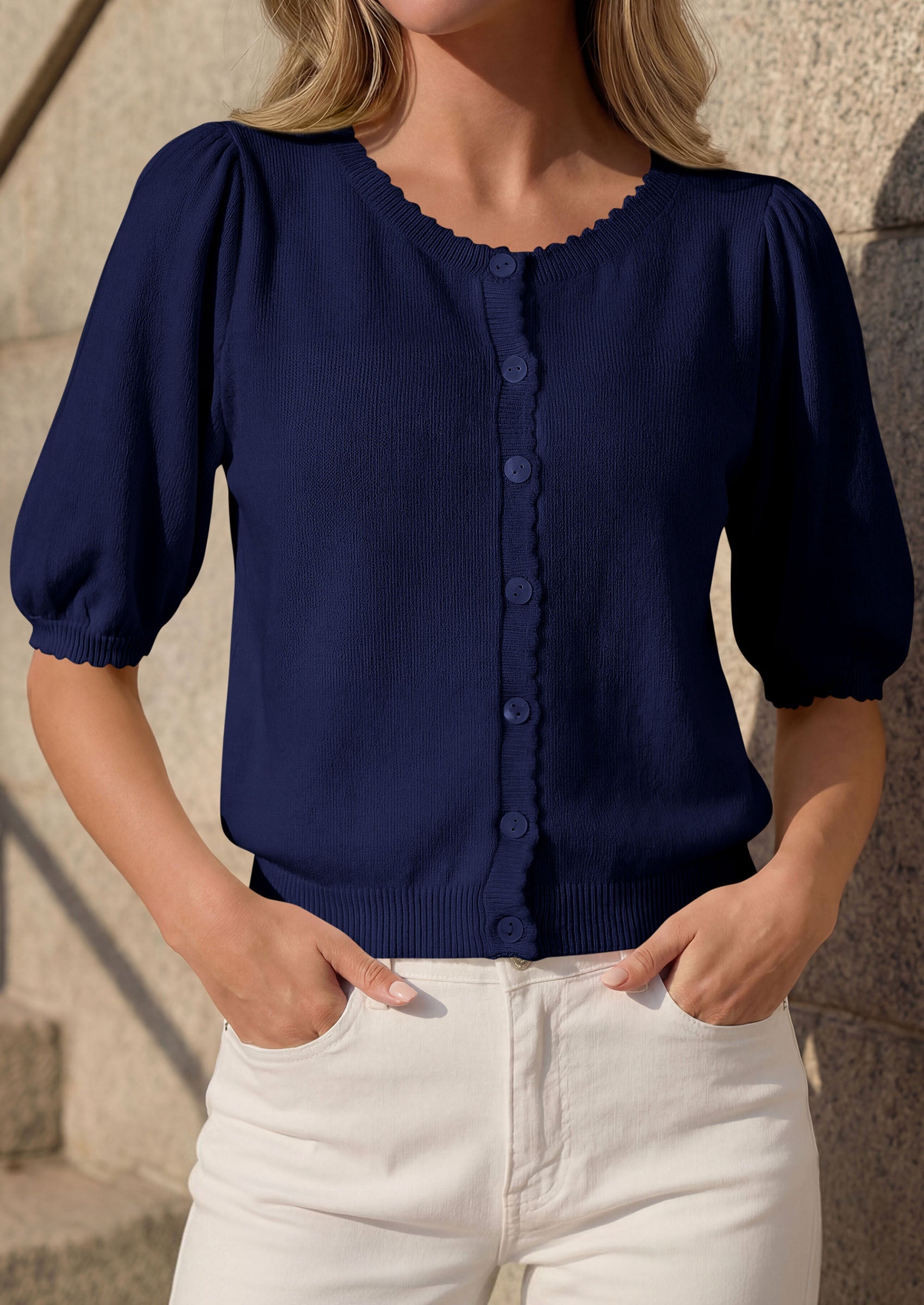 PRETTYGARDEN Puff Short Sleeve Cardigans for Women Lightweight 2026 Summer Shirts Button Up Knit Sweater Tops Spring Clothes PRETTYGARDEN