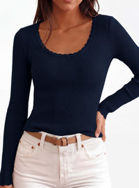 PRETTYGARDEN Women's Fall Lightweight Ribbed Knit Sweaters | Stretchy Cozy Knitwear,Scalloped Scoop Neck,Long Sleeve Shirts,Slim Fitted Pullover,Basic Layering Tops,Cute Casual Outfits