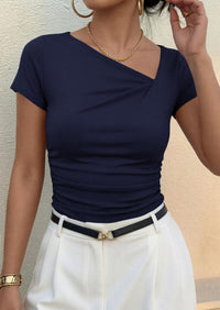 PRETTYGARDEN Women's 2026 Summer Asymmetrical Y2K Tops Trendy Ribbed Short Sleeve Fitted Tee Shirts Spring Fashion Clothing