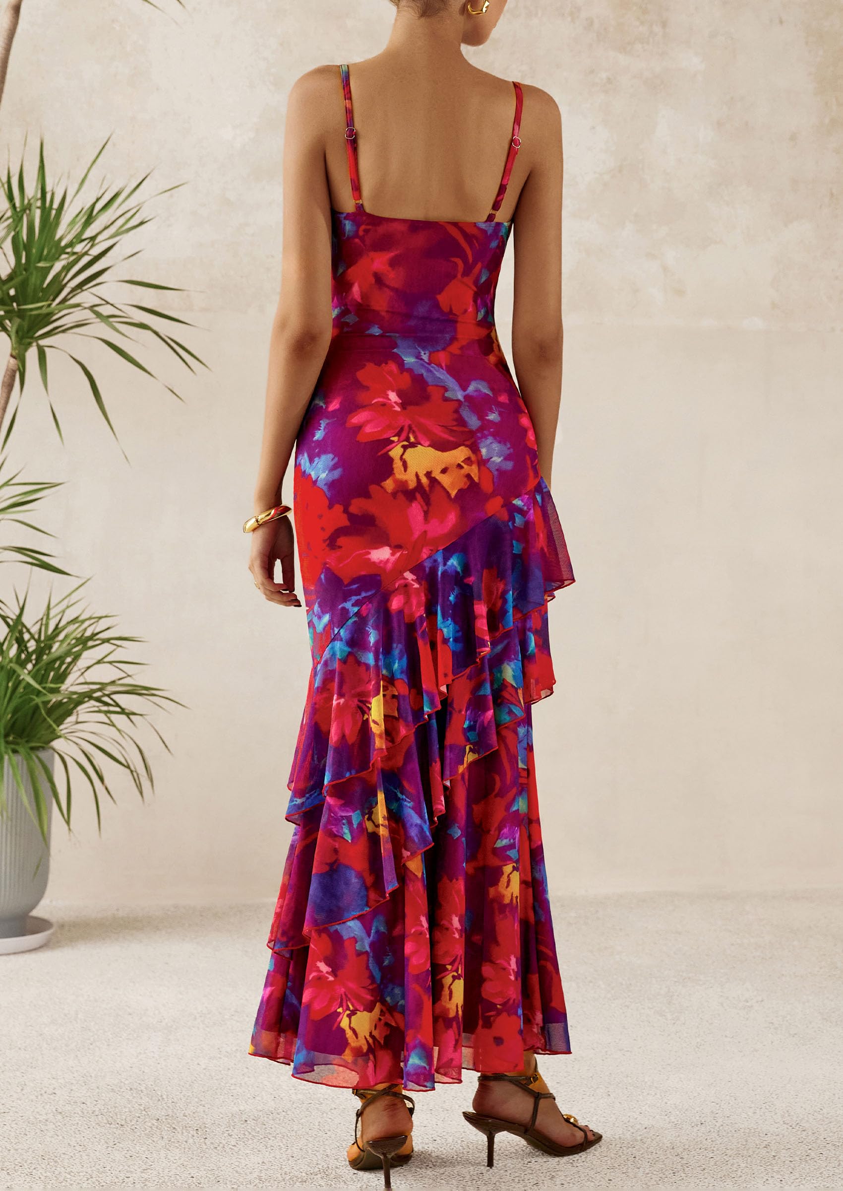 PRETTYGARDEN Maxi Dresses for Women Floral Beach Sundress Spaghetti Strap Tiered Wedding Guest Long Dress