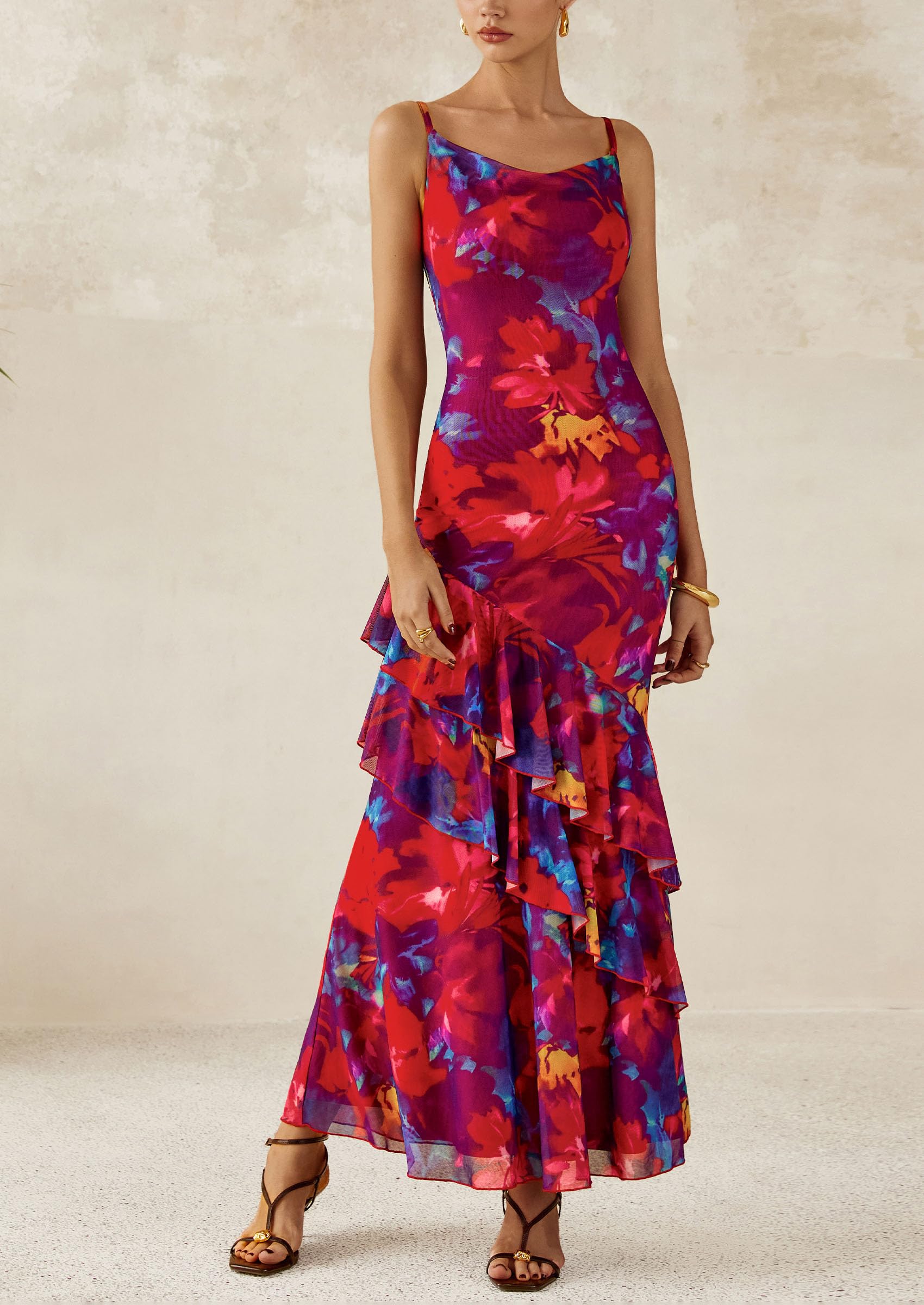 PRETTYGARDEN Maxi Dresses for Women Floral Beach Sundress Spaghetti Strap Tiered Wedding Guest Long Dress