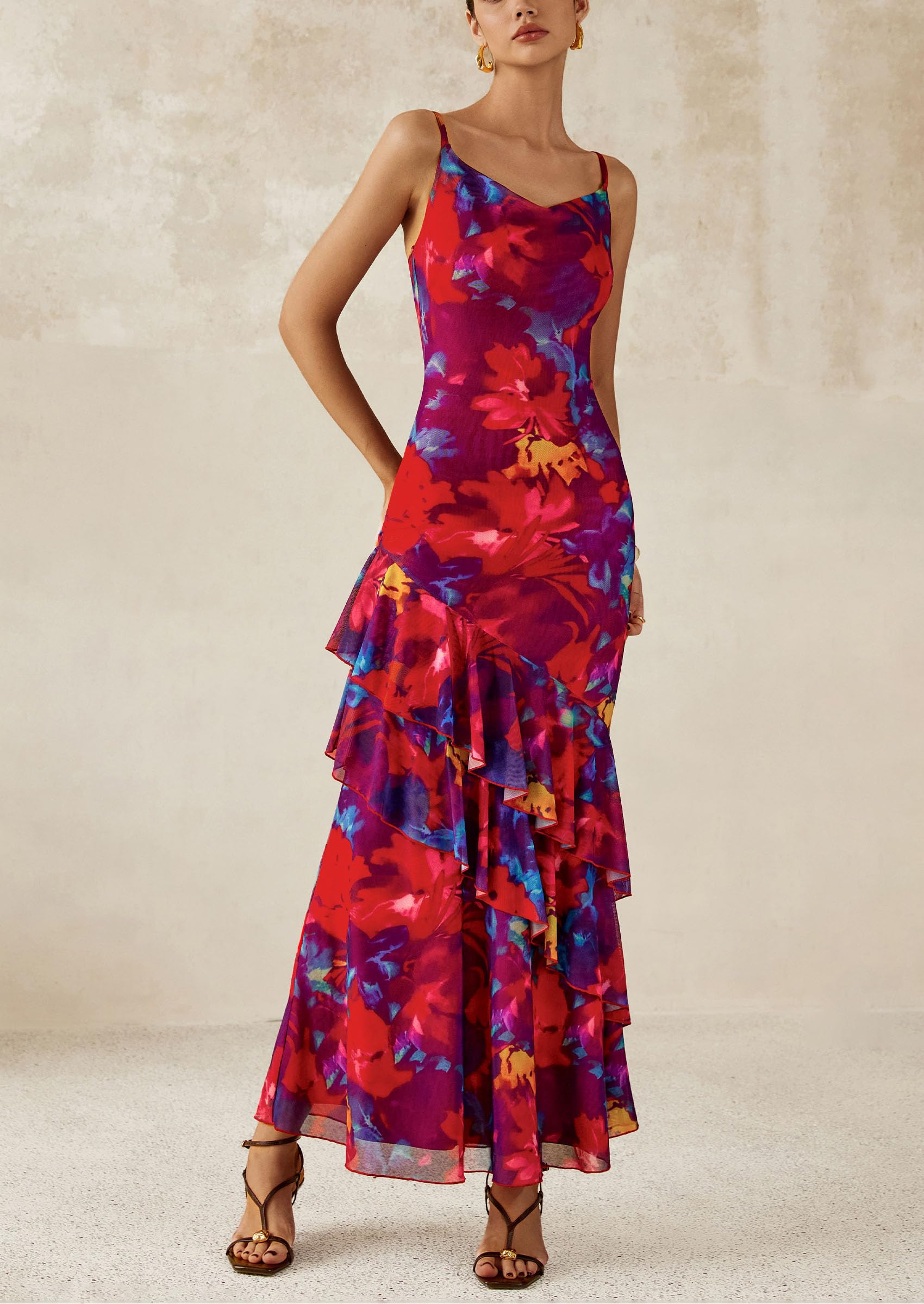 PRETTYGARDEN Maxi Dresses for Women Floral Beach Sundress Spaghetti Strap Tiered Wedding Guest Long Dress