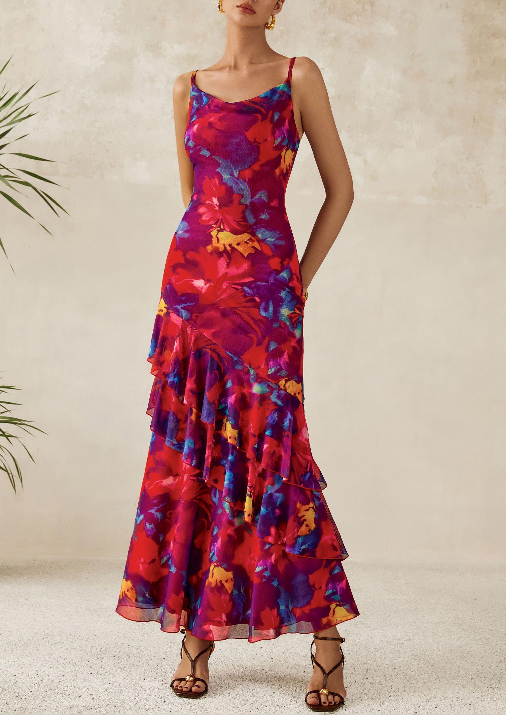 PRETTYGARDEN Maxi Dresses for Women Floral Beach Sundress Spaghetti Strap Tiered Wedding Guest Long Dress