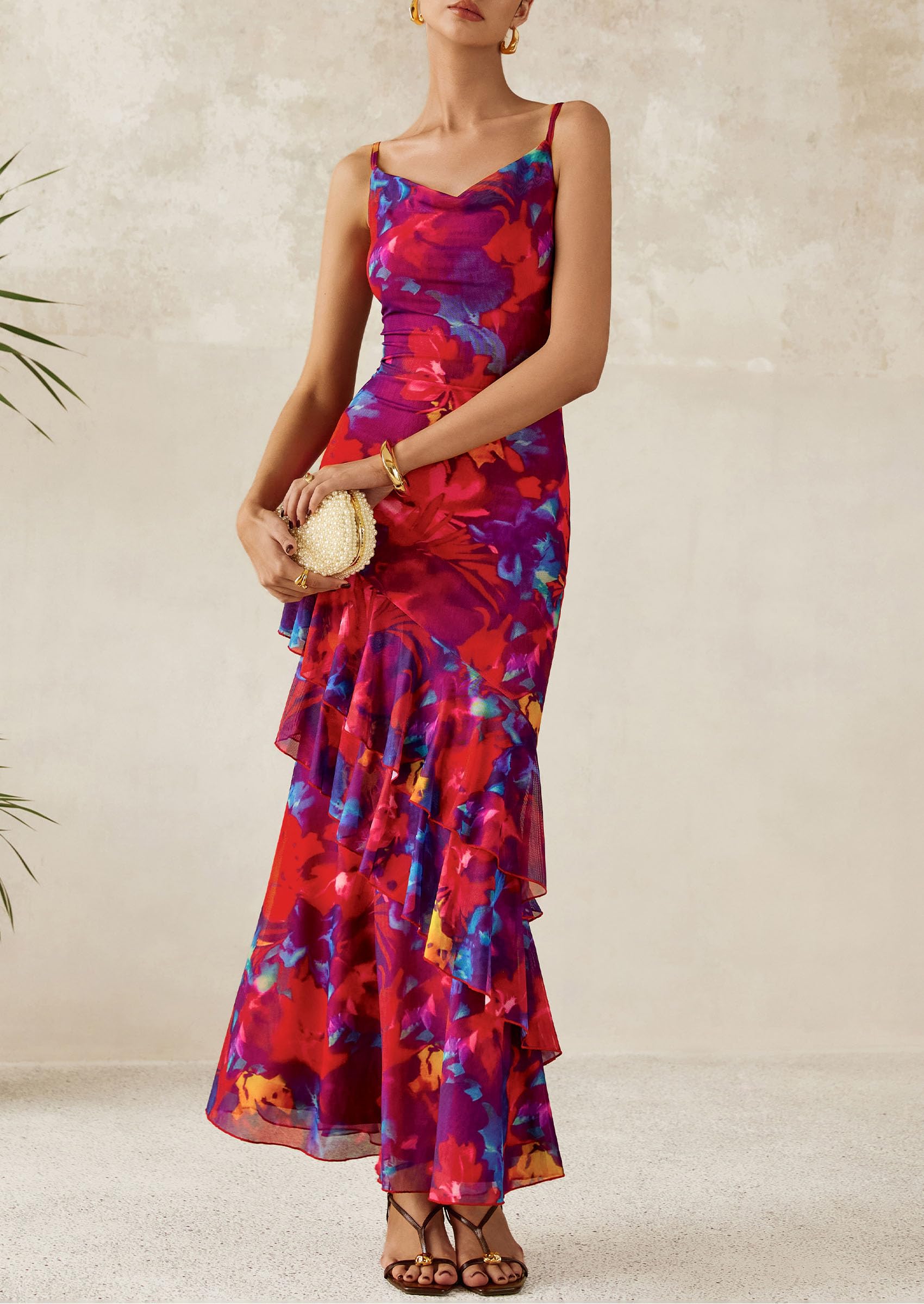 PRETTYGARDEN Maxi Dresses for Women Floral Beach Sundress Spaghetti Strap Tiered Wedding Guest Long Dress