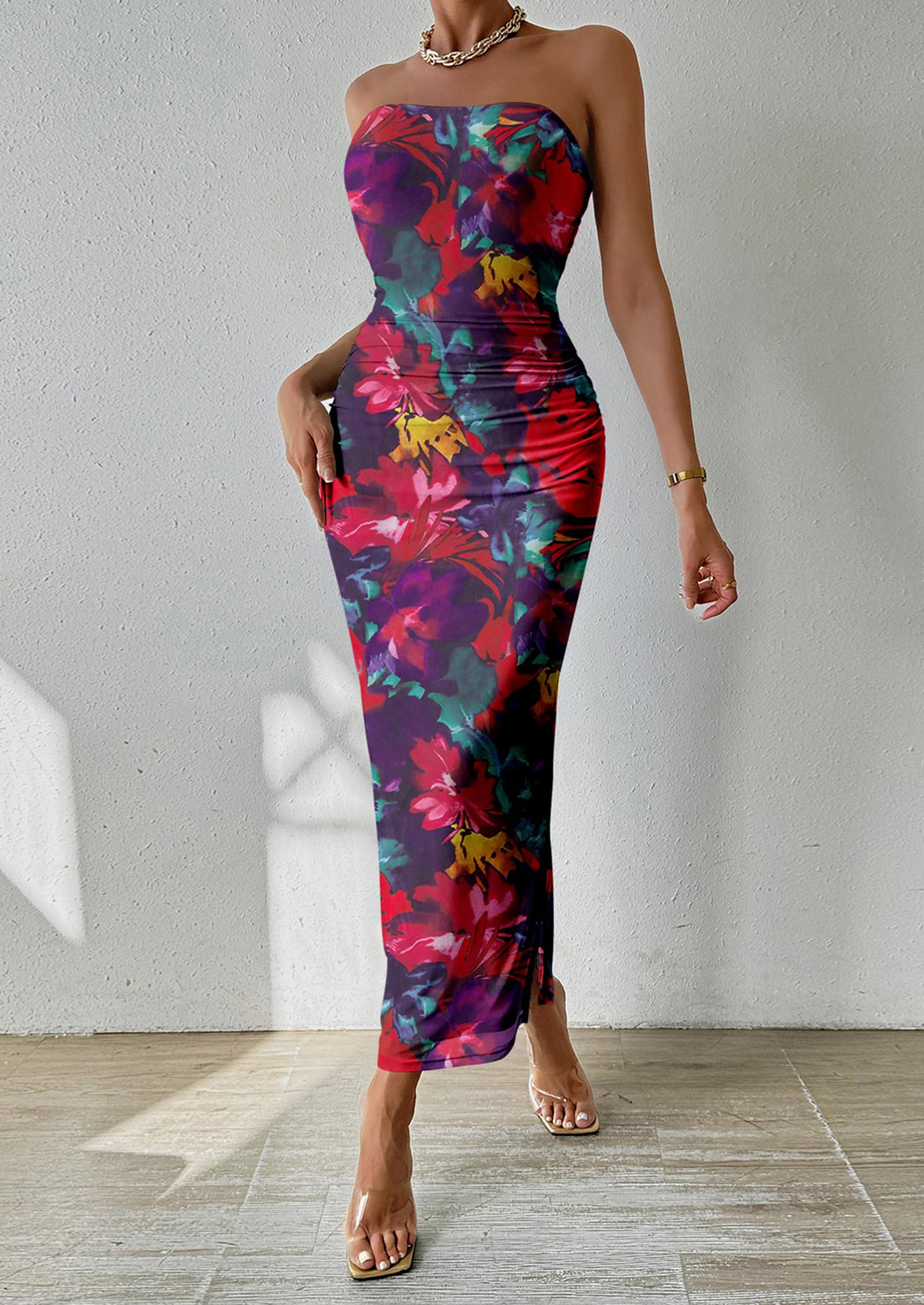 PRETTYGARDEN Women's Maxi Bodycon Dresses Strapless Tube Top Slit Floral Printed Party Club Long Dress