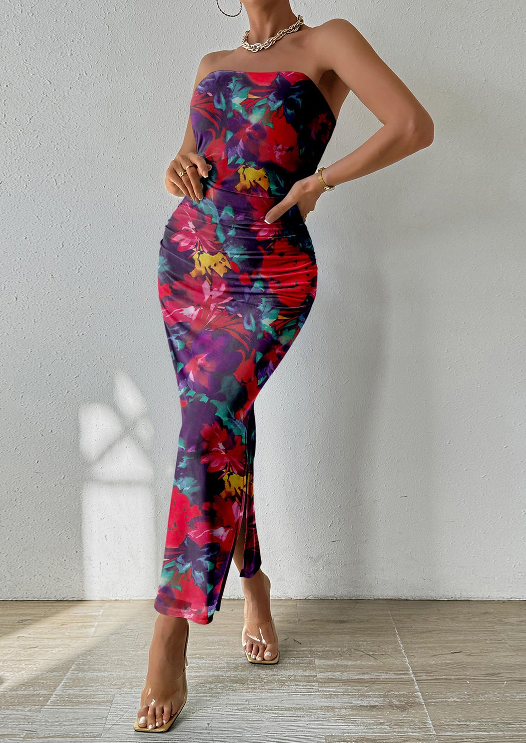 PRETTYGARDEN Women's Maxi Bodycon Dresses Strapless Tube Top Slit Flor PRETTYGARDEN Women's Maxi Bodycon Dresses Strapless Tube Top Slit Flor