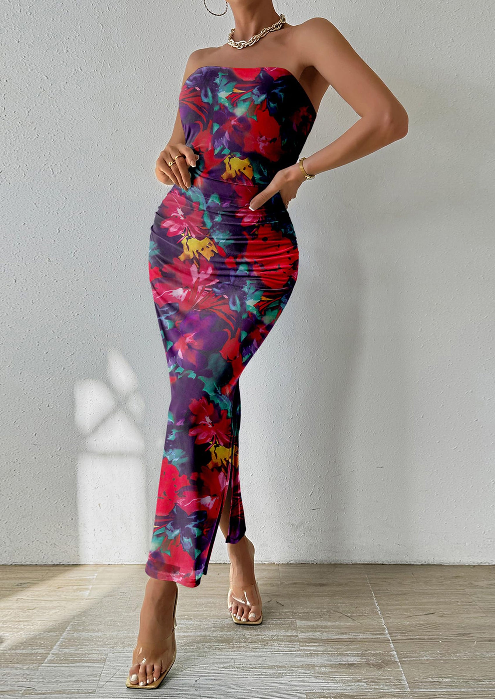 PRETTYGARDEN Women's Maxi Bodycon Dresses Strapless Tube Top Slit Floral Printed Party Club Long Dress