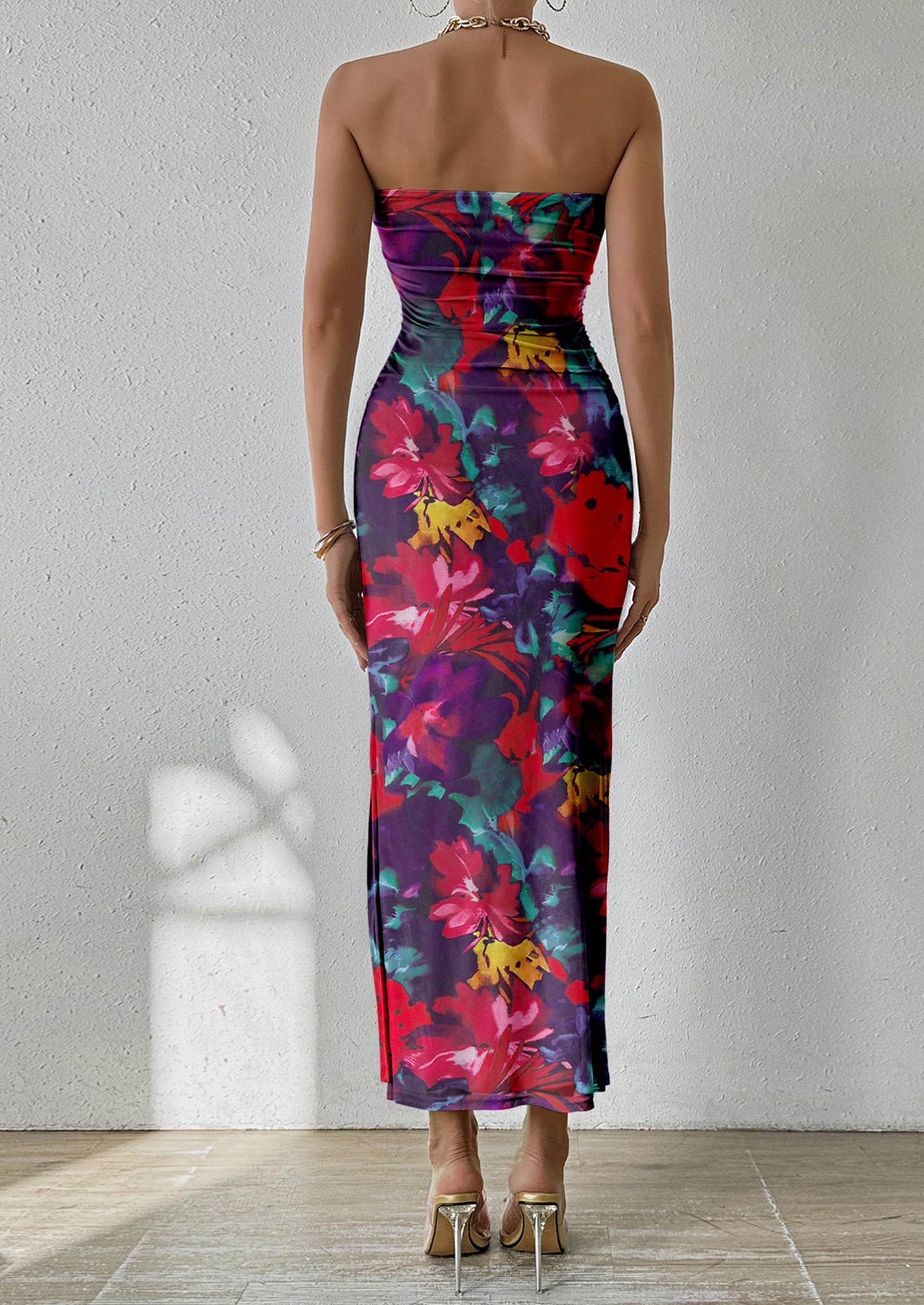 PRETTYGARDEN Women's Maxi Bodycon Dresses Strapless Tube Top Slit Floral Printed Party Club Long Dress