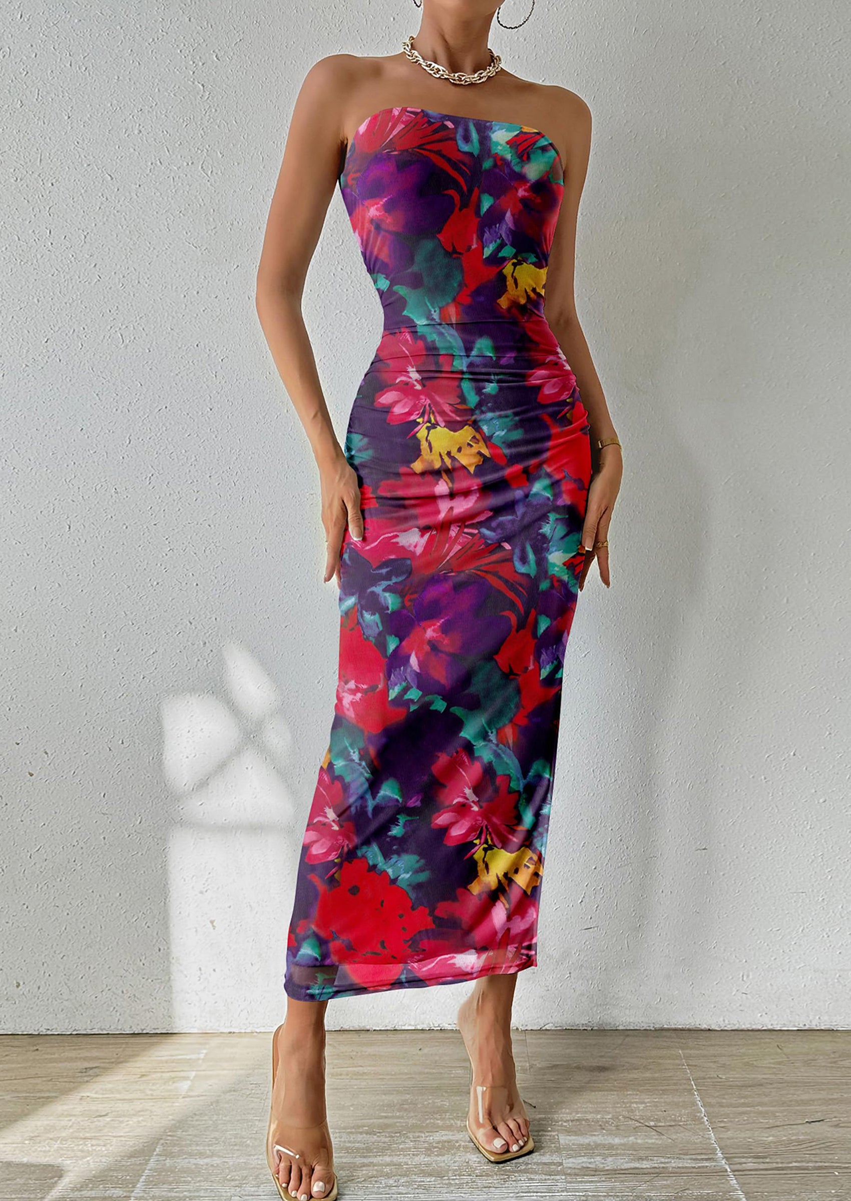 PRETTYGARDEN Women's Maxi Bodycon Dresses Strapless Tube Top Slit Floral Printed Party Club Long Dress