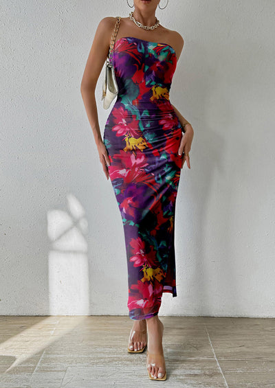 PRETTYGARDEN Women's Maxi Bodycon Dresses Strapless Tube Top Slit Floral Printed Party Club Long Dress