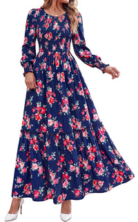 PRETTYGARDEN Womens Long Sleeve Floral Casual Fall Dresses with Pockets Crewneck Smocked Flowy A Line Tiered Boho Maxi Dress, Elegant Classy Wedding Guest Cocktail Party Beach Vacation Outfits
