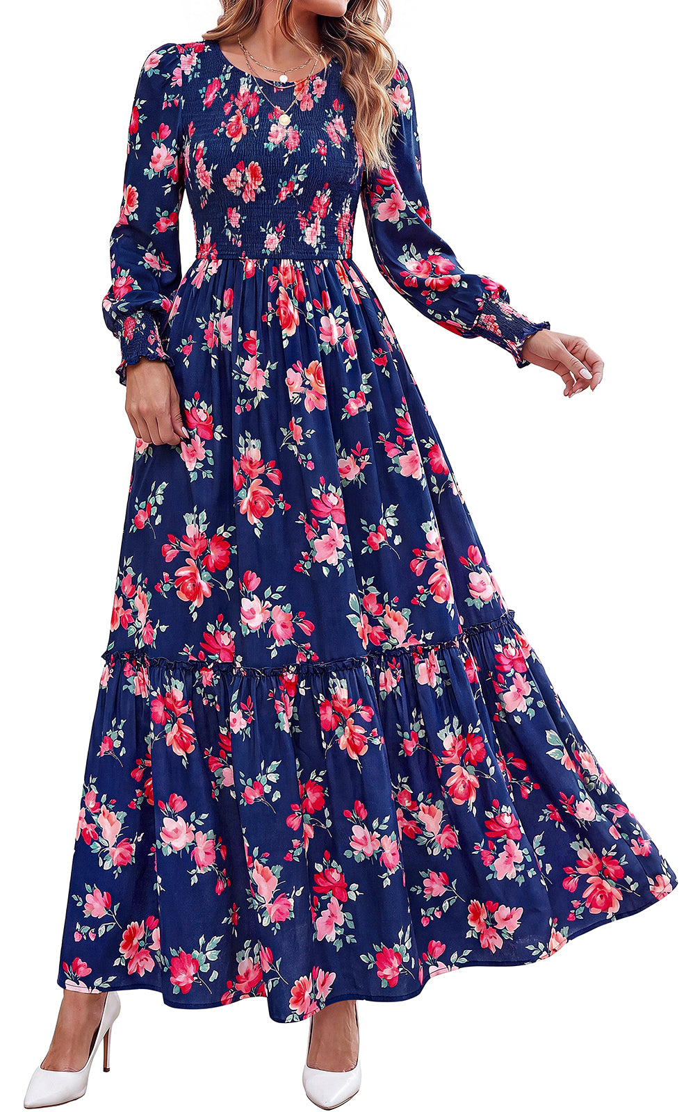 PRETTYGARDEN Womens Long Sleeve Floral Casual Fall Dresses with Pockets Crewneck Smocked Flowy A Line Tiered Boho Maxi Dress, Elegant Classy Wedding Guest Cocktail Party Beach Vacation Outfits