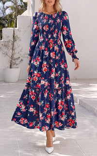 PRETTYGARDEN Womens Long Sleeve Floral Casual Fall Dresses with Pockets Crewneck Smocked Flowy A Line Tiered Boho Maxi Dress, Elegant Classy Wedding Guest Cocktail Party Beach Vacation Outfits