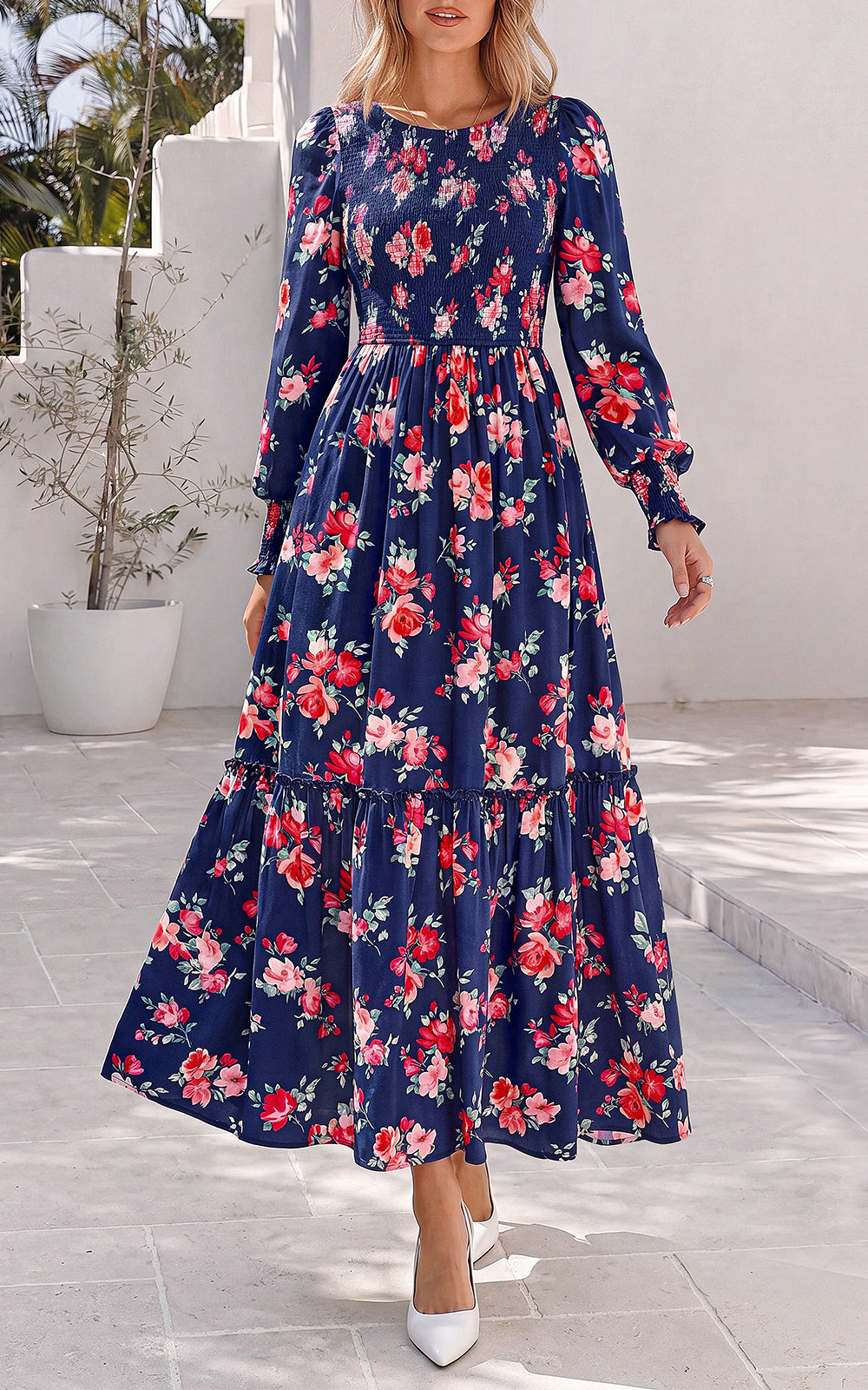 PRETTYGARDEN Womens Long Sleeve Floral Casual Fall Dresses with Pockets Crewneck Smocked Flowy A Line Tiered Boho Maxi Dress, Elegant Classy Wedding Guest Cocktail Party Beach Vacation Outfits